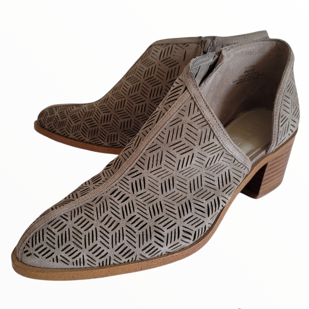 1. STATE Iddah Perforated Leather Cutaway Ankle Boots w/Stacked Black Heels